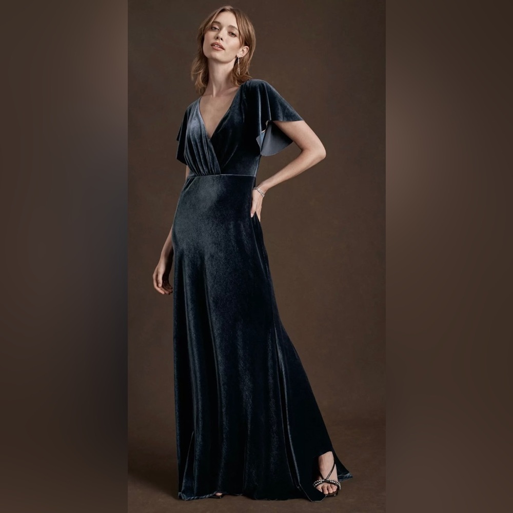 Jenny Yoo Ellis Flutter-Sleeve Velvet Gown, French Blue, 0, BHLDN Bridesmaid